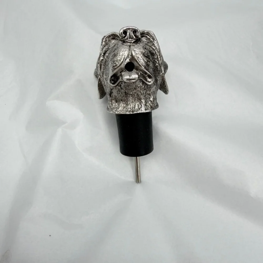 Dog Head Bottle Pourer Spout Liquor Silver Pewter Tone Mastiff Bulldog Barware